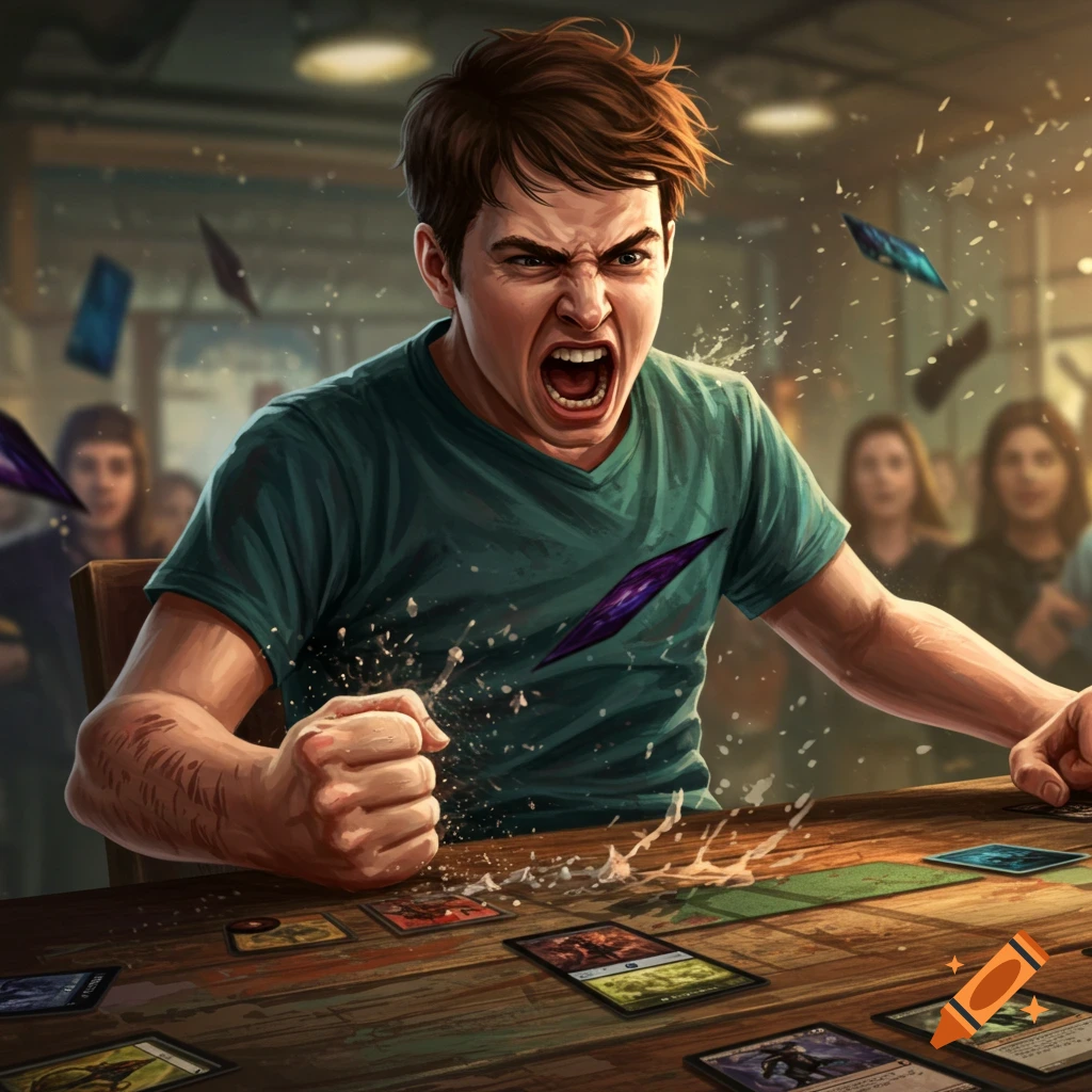 A man yells and slams his fist on a table while playing a card game.