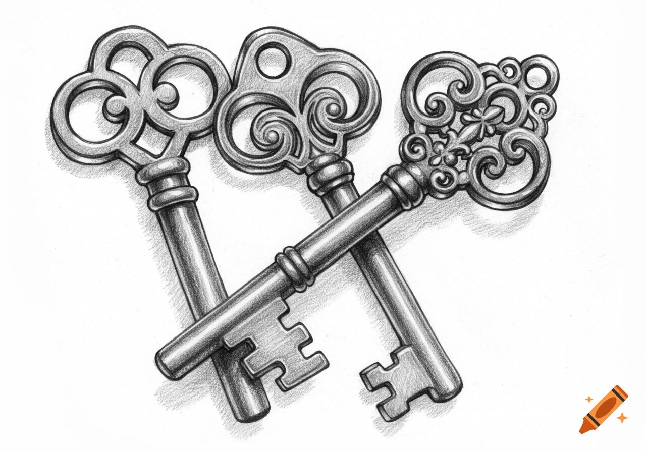 Pencil sketch of three ornate antique keys