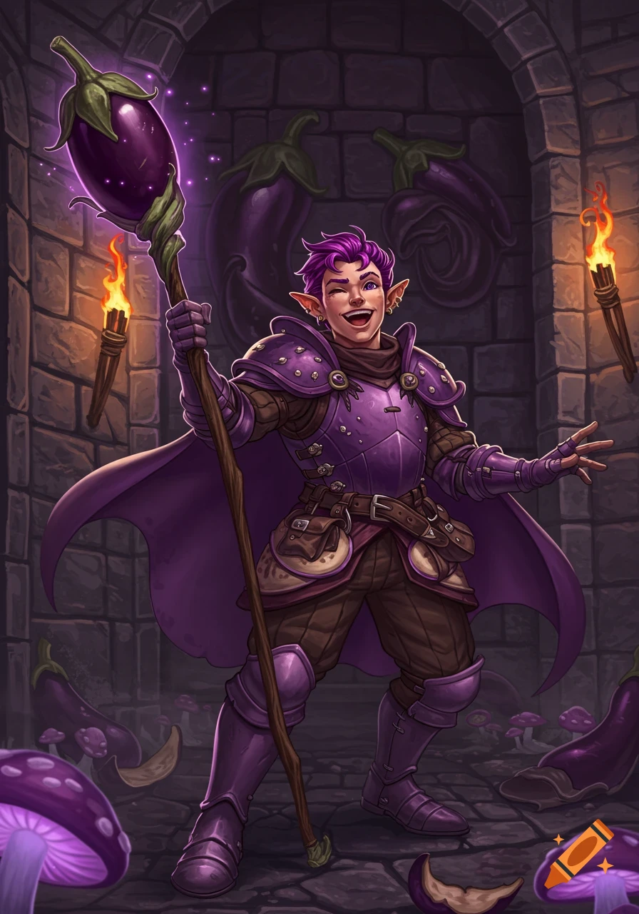 A purple-haired elf-like character in purple armor holds a staff topped with an eggplant in a dungeon with large eggplants.