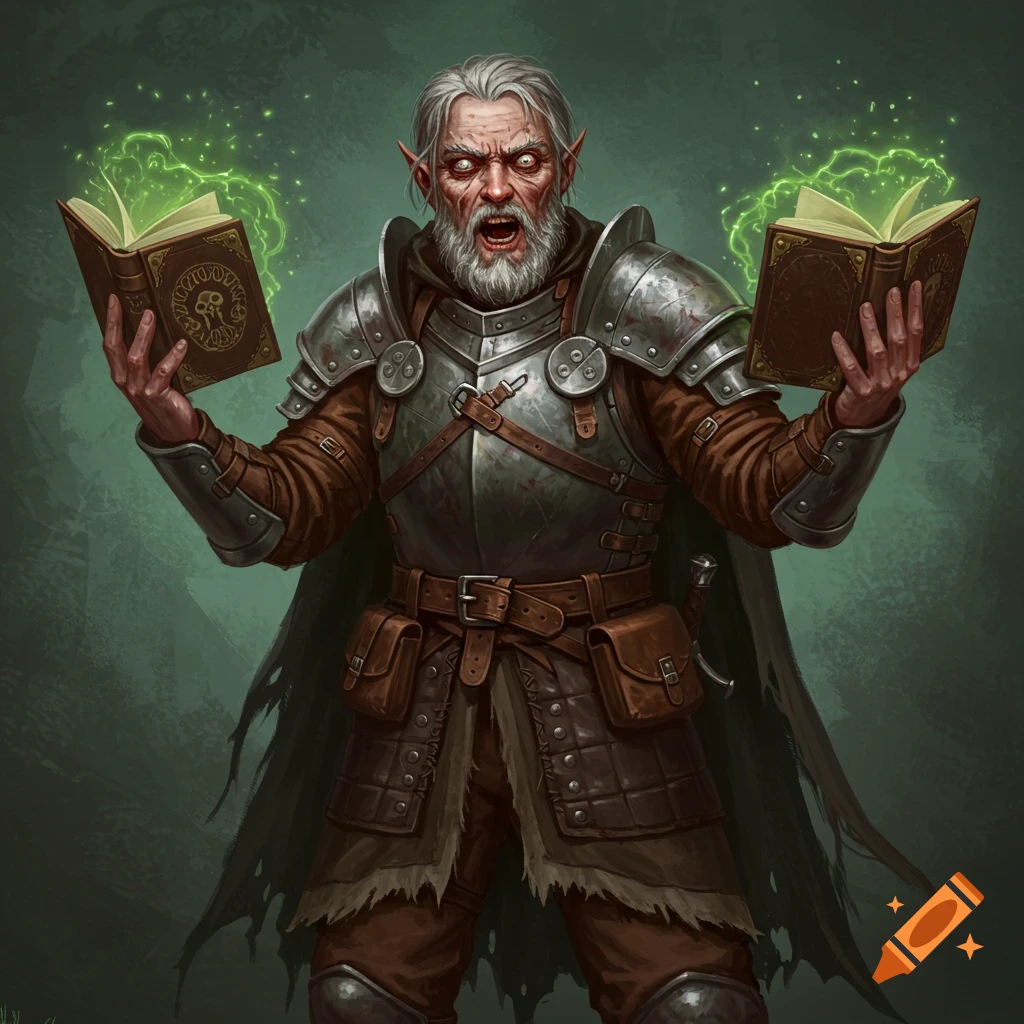 A wild-eyed fantasy character in armor is holding magical books.