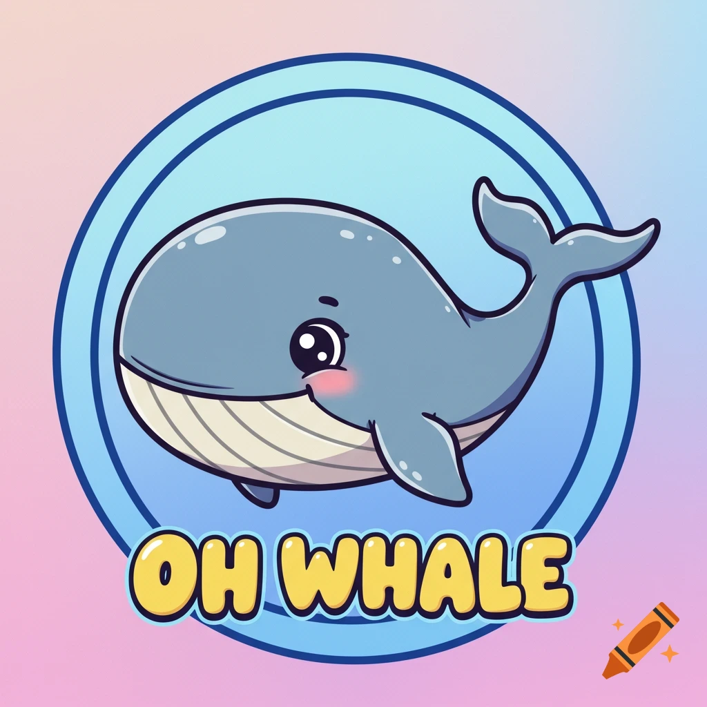 Cartoon illustration of a whale in a circle frame with text 'Oh whale'