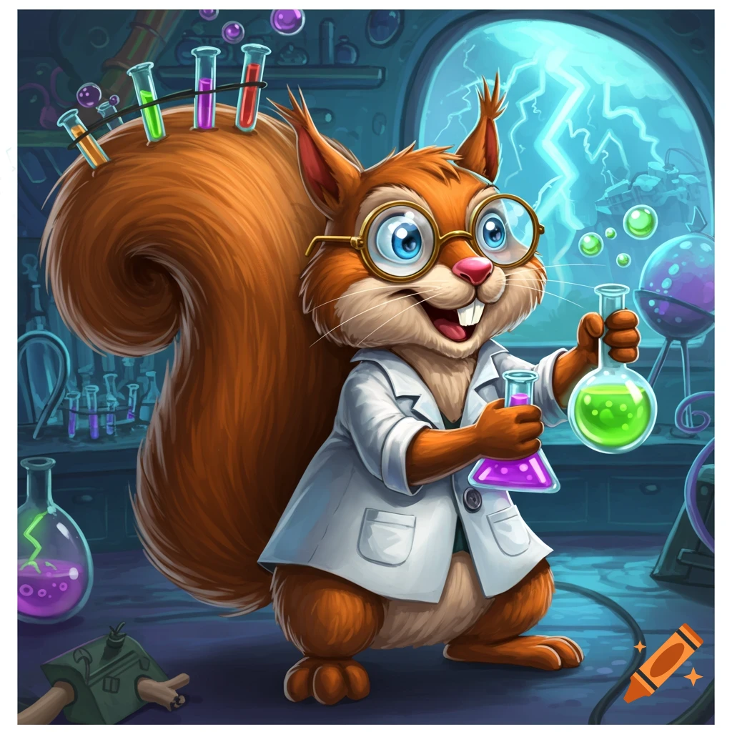 Cartoon squirrel mad scientist in lab coat and glasses holding beakers in a laboratory with lightning.
