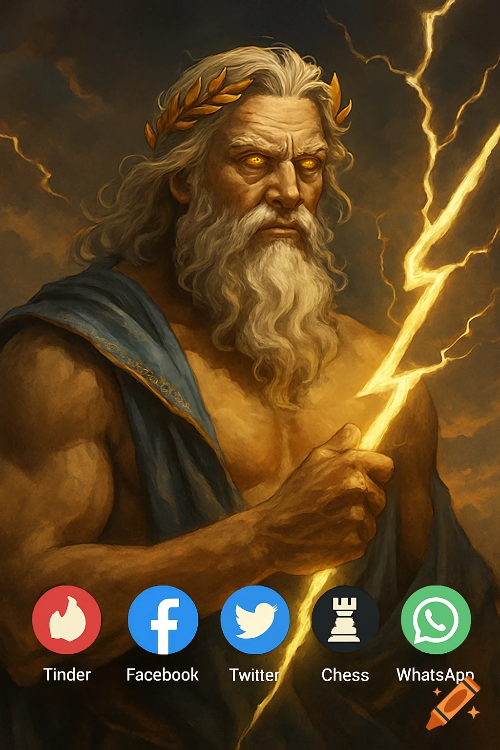 Zeus holding lightning bolt with app icons at bottom