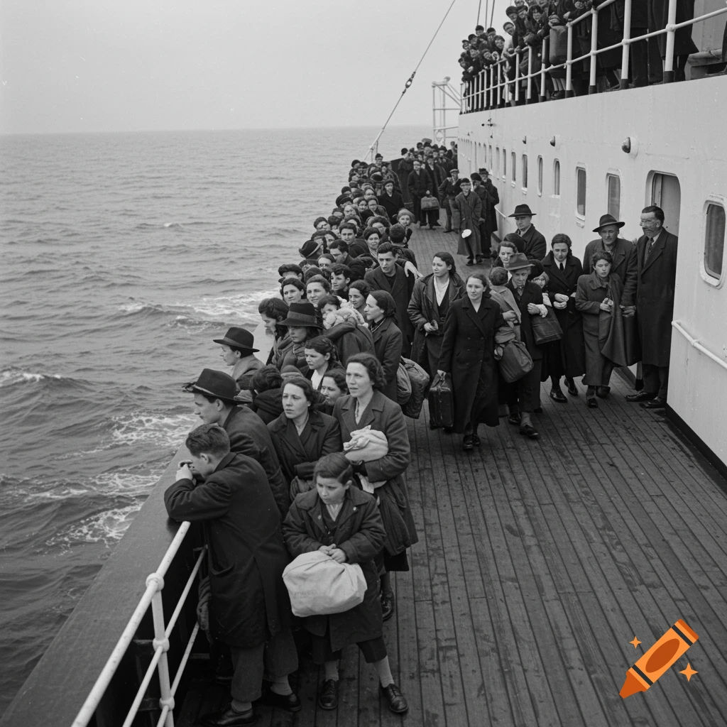 Black and white photo of a large group of refugees standing on the deck of a ship, looking out at the sea.