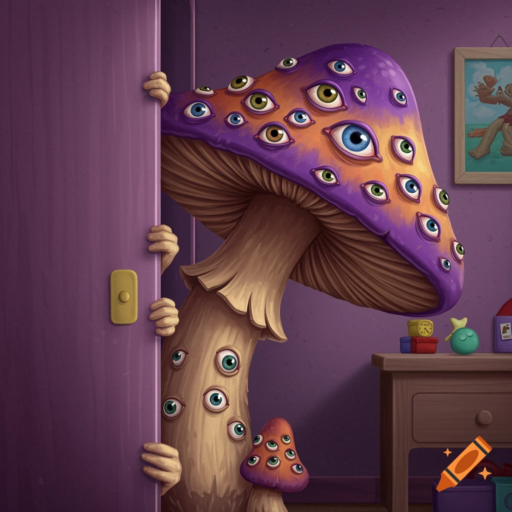 A multi-eyed mushroom creature peeking from a purple wardrobe in a child's room.