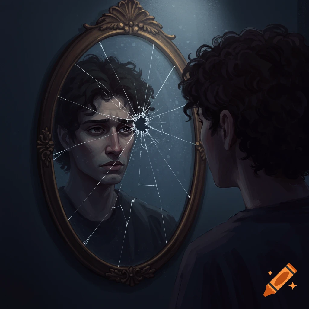 A person stares sadly at their distorted reflection in a cracked mirror.