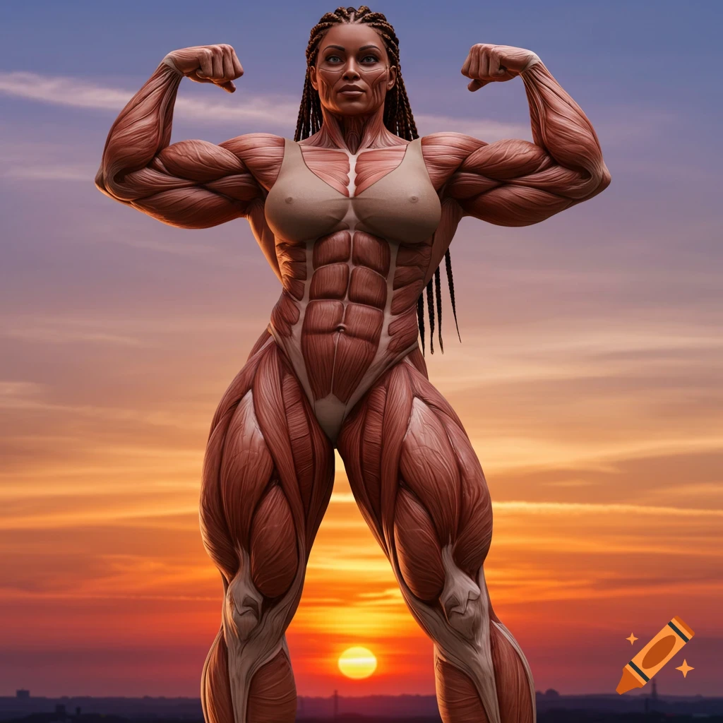 Highly muscular figure flexing against a sunset sky
