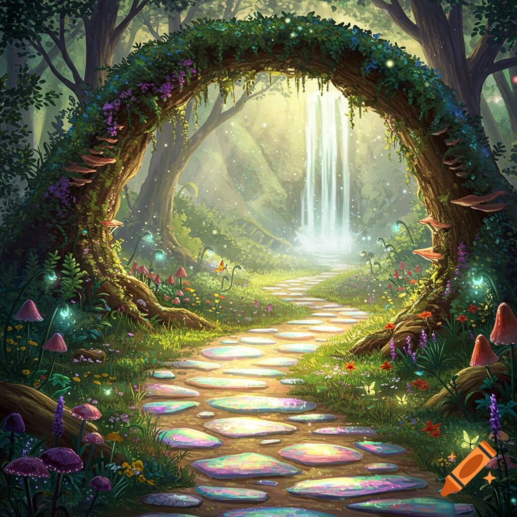 A mystical stone path leads through a fairy forest archway made of vines and flowers towards a waterfall.