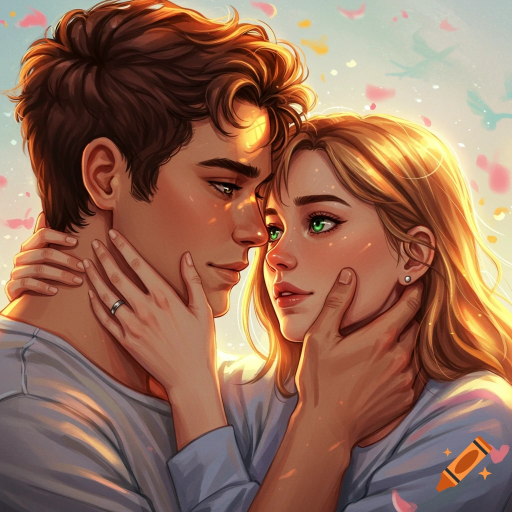 Close-up of a couple embracing, bathed in warm light with blurry background.