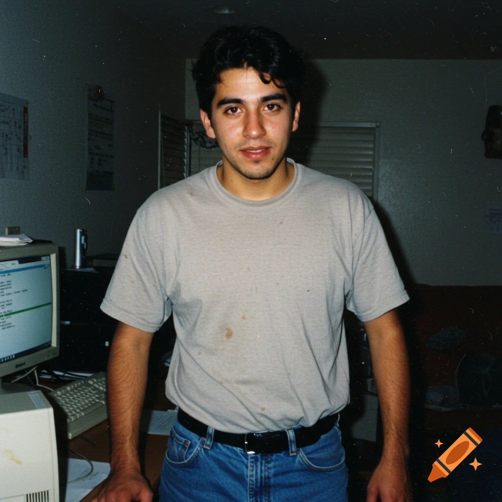 An old photo of a young man in a t-shirt and jeans standing by a computer.