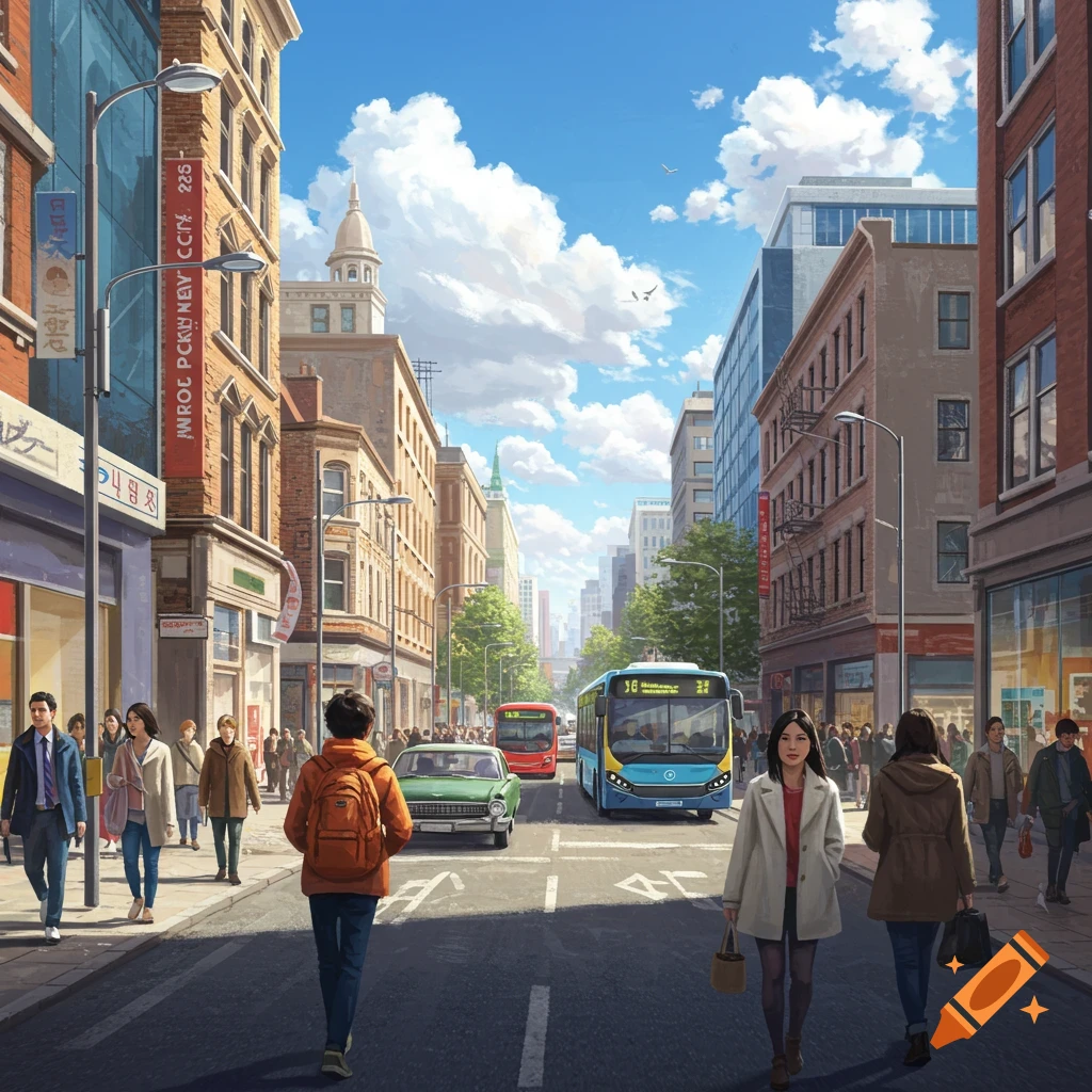 A detailed image of a busy city street with people, cars, and buses under a blue sky.