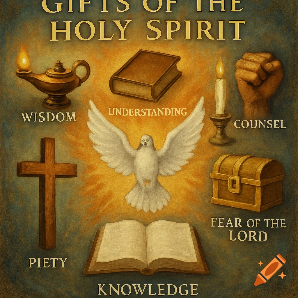 Symbols representing the gifts of the Holy Spirit are depicted, including a dove, cross, bible, lamp, candle, fist, and chest, with text labels.