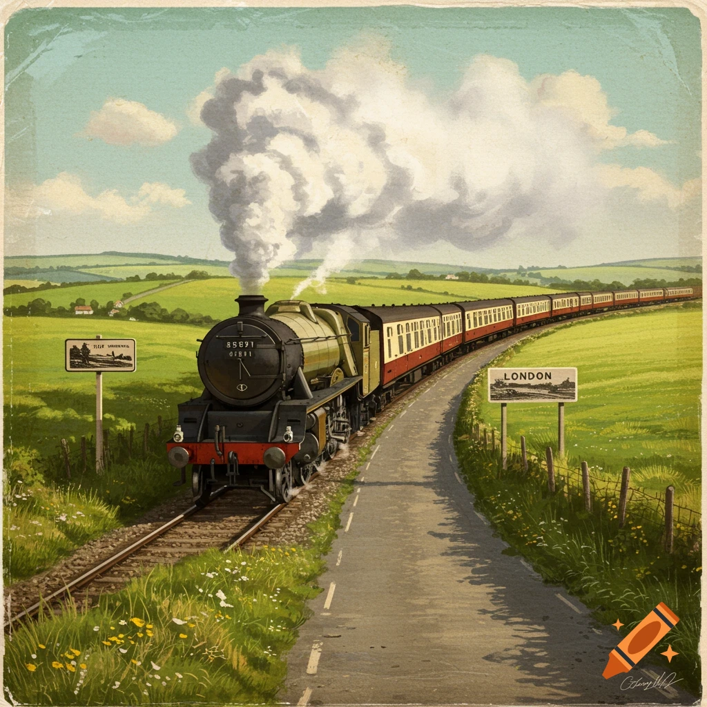 A British steam train travels through a green rural landscape past signs, in a vintage illustration style.