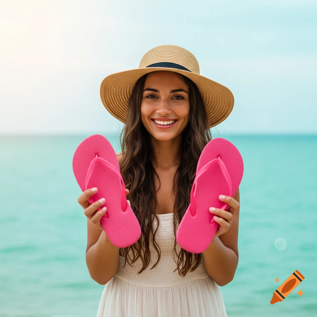 A smiling woman in a hat holding pink flip-flops at the beach