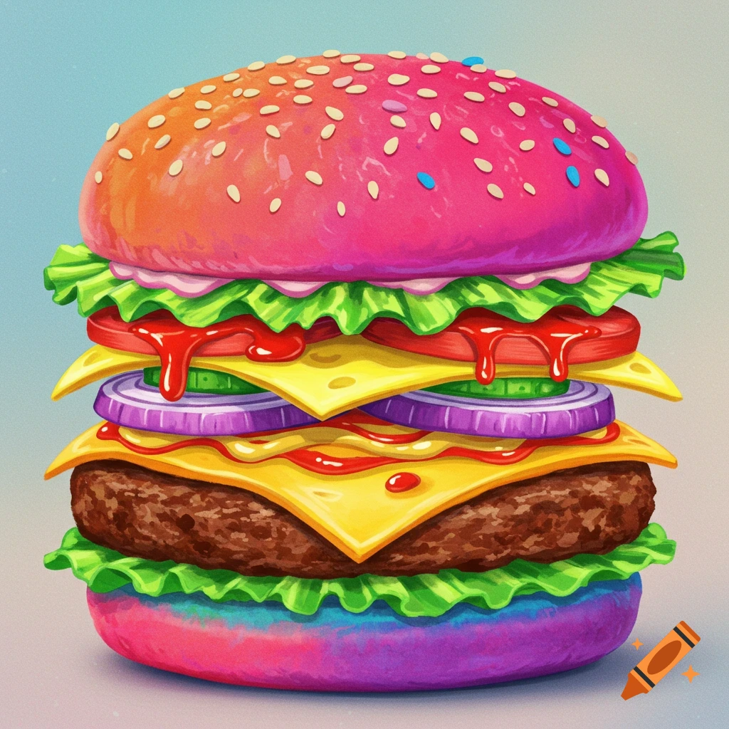 A vibrant rainbow colored hamburger.