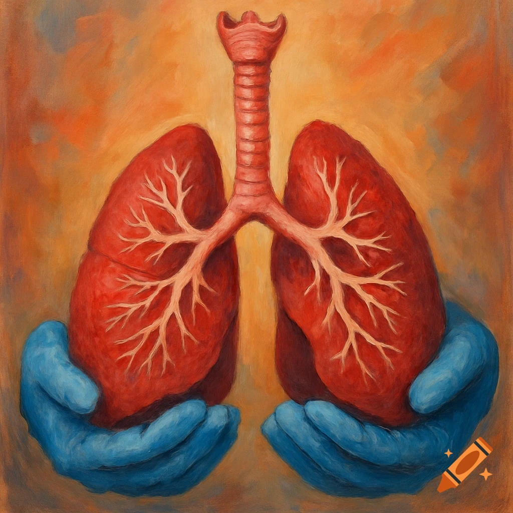 Lungs and trachea held by gloved hands.
