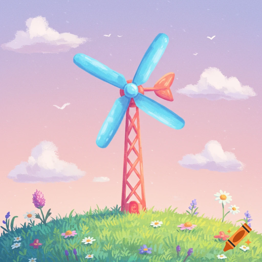 A stylized miniature wind turbine on a grassy hill with flowers under a pastel sky