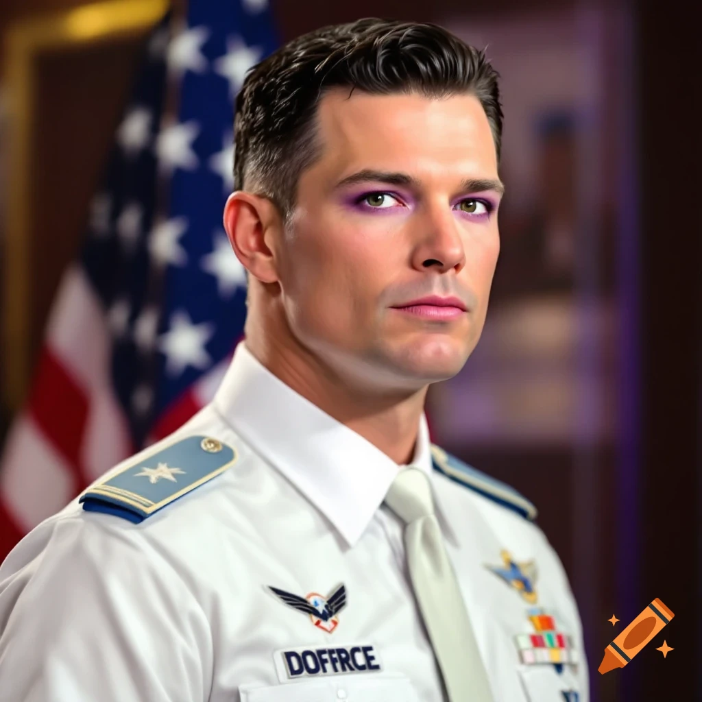 Portrait of a man in a military uniform wearing purple eyeshadow and lipstick.