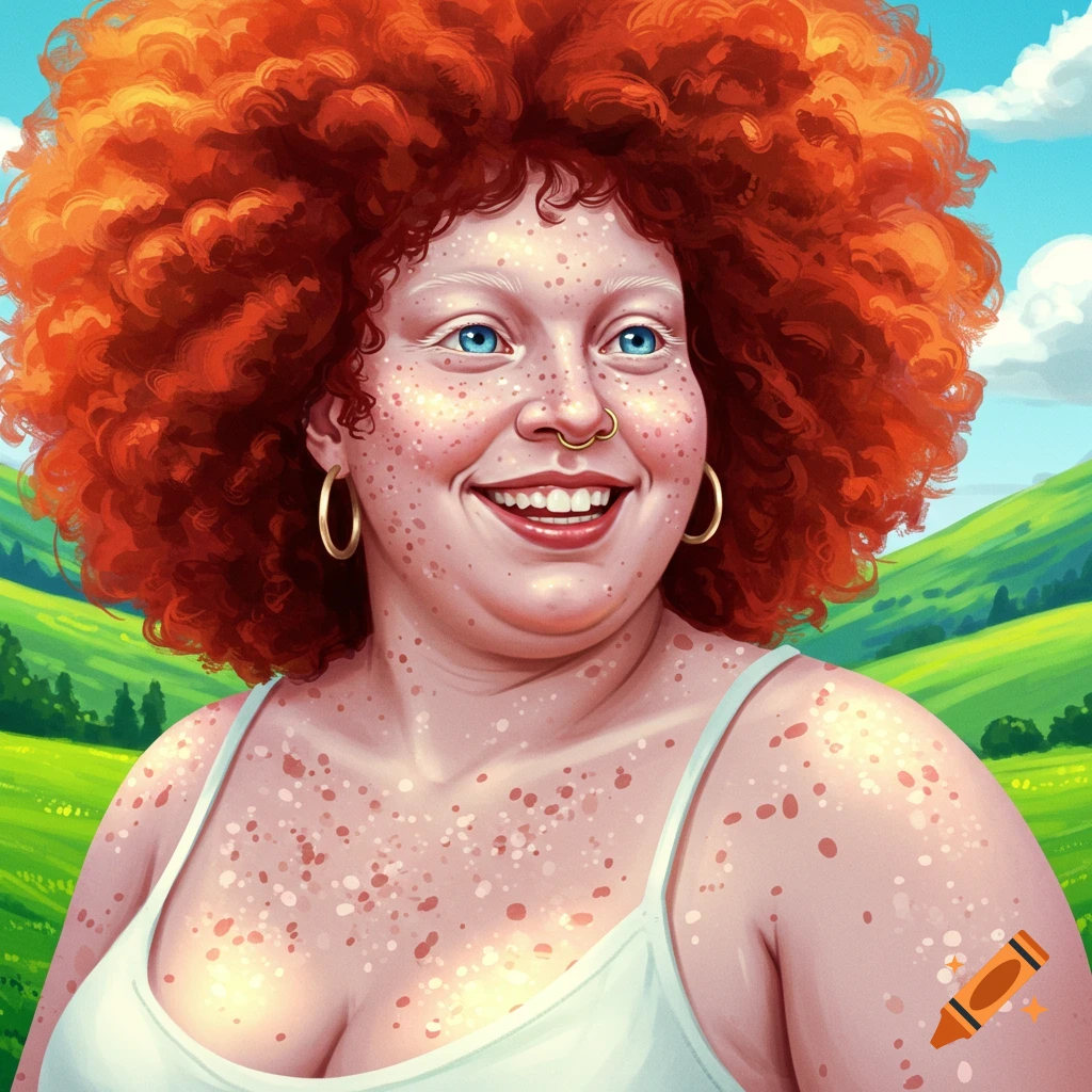 A woman with red afro hair and freckled skin smiling in a landscape.