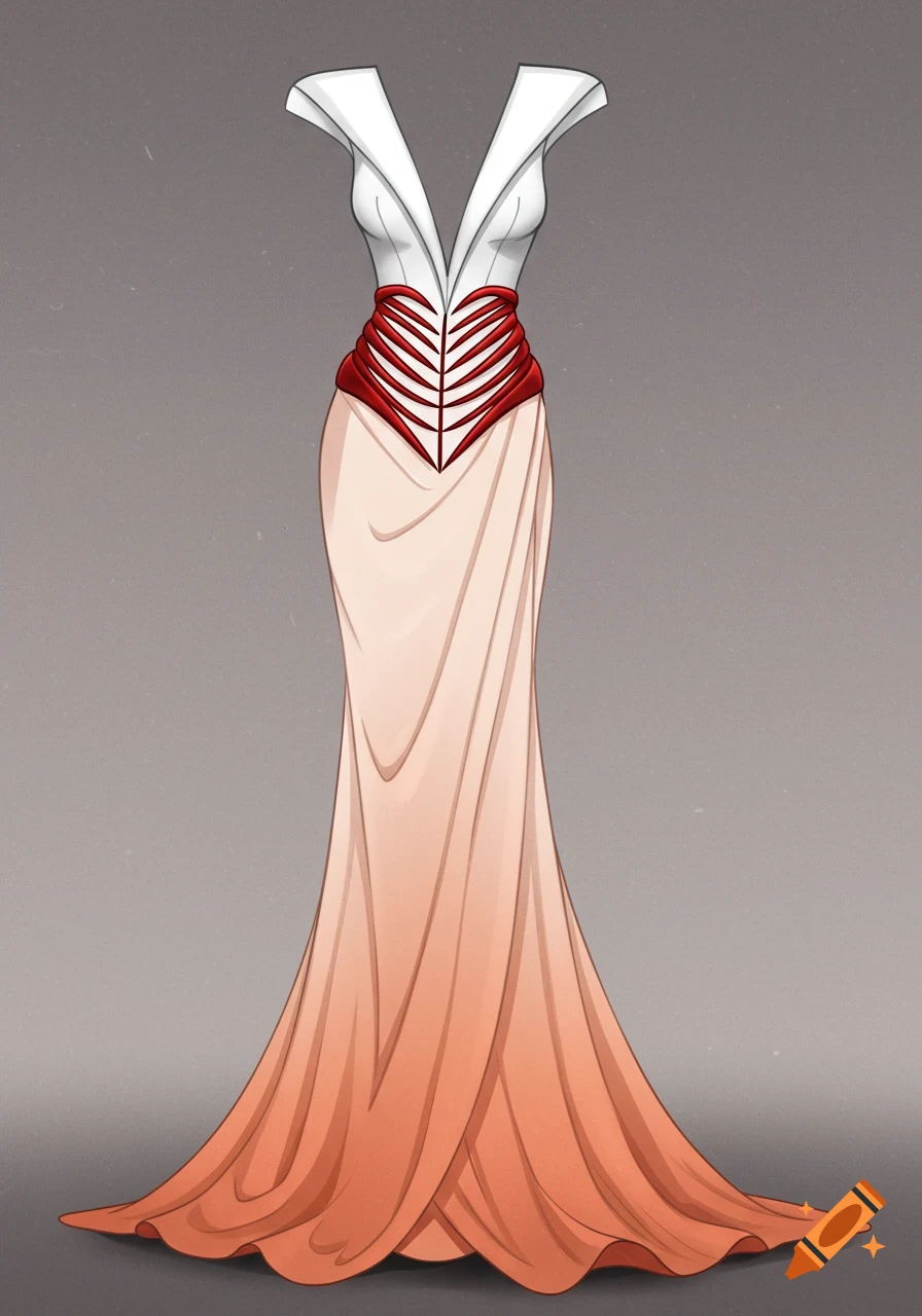 A long dress with a white V-neck bodice, a red ribbed midsection, and a flowing peachy-orange skirt.