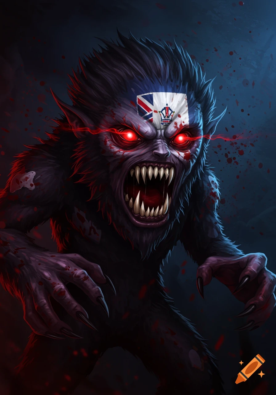 A scary monster with glowing red eyes, sharp teeth and claws, covered in bloodstains, with a flag on its forehead.