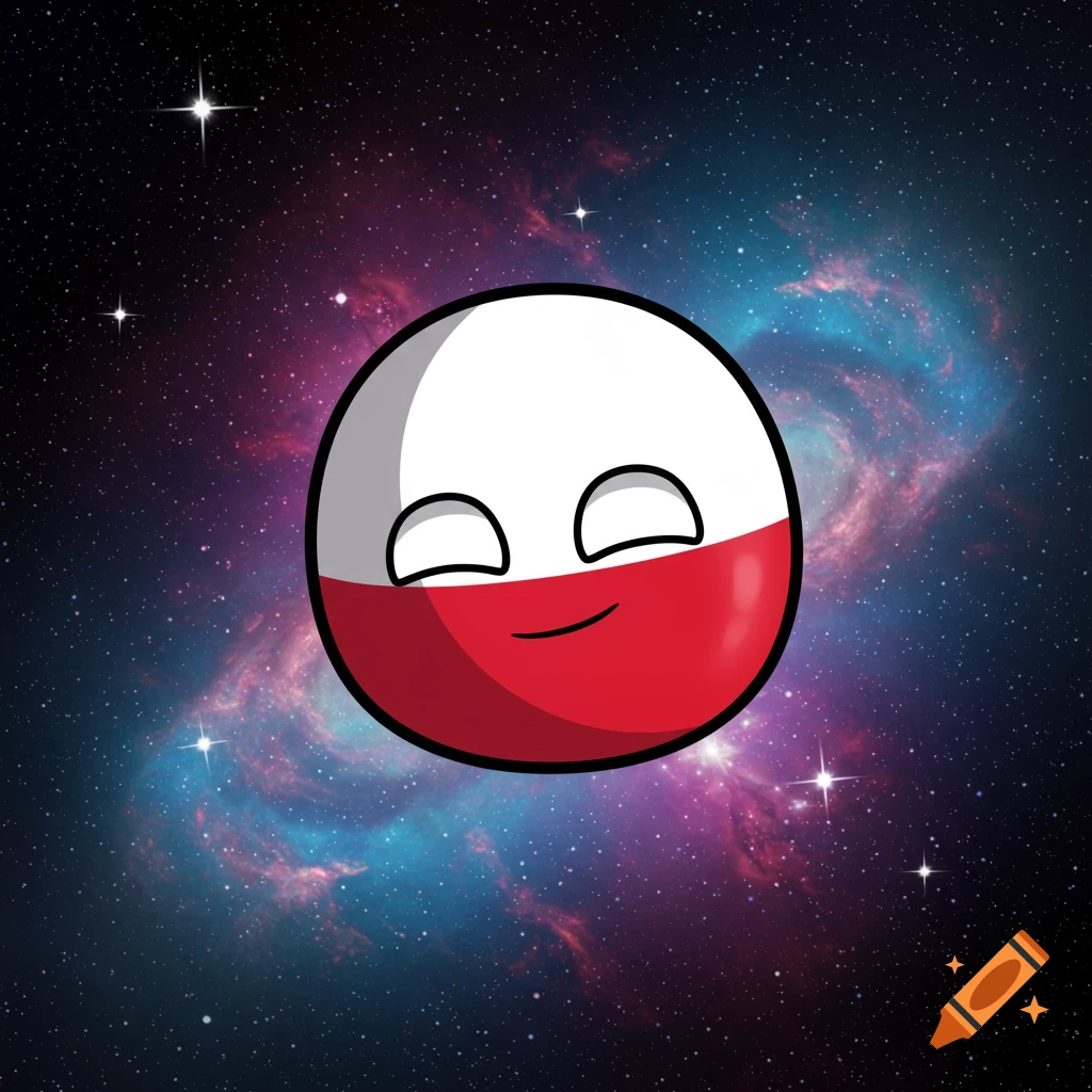 A cartoon Poland Countryball floats in a colorful galaxy.