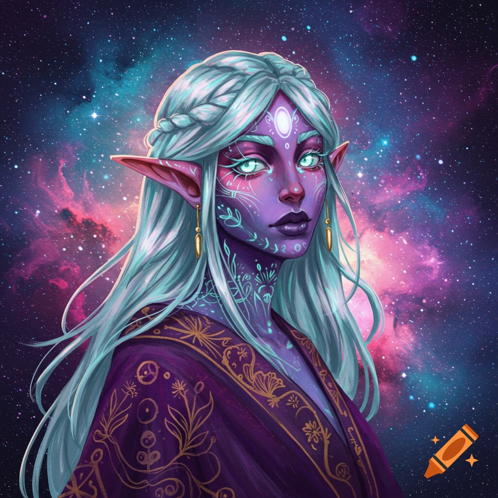 Portrait of an elf with purple skin, intricate markings, and white hair against a galaxy background.
