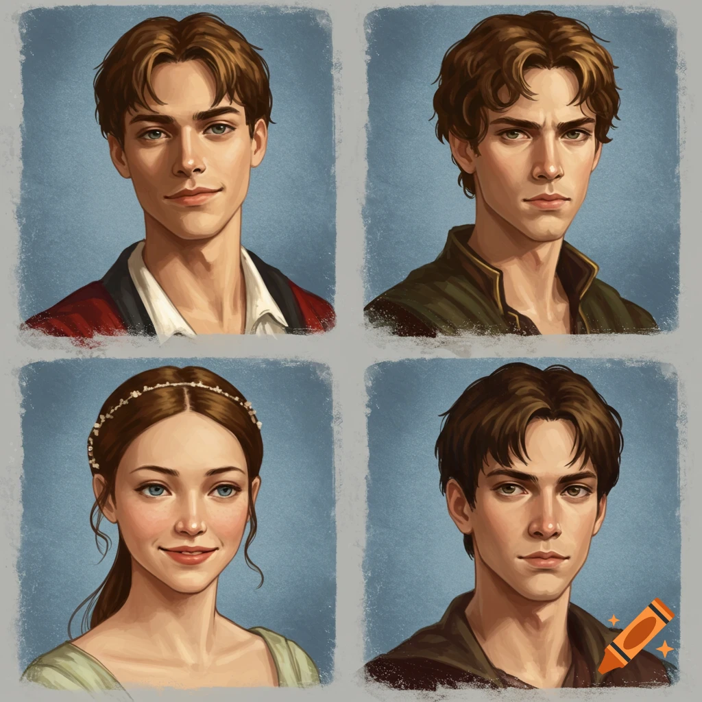 Four character portraits: three young men and one young woman, styled like yearbook photos.