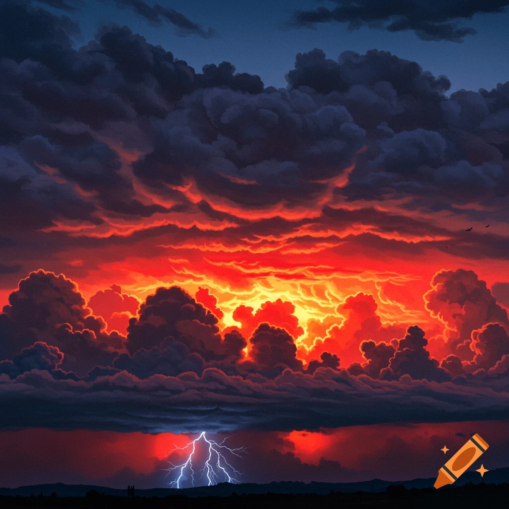 A fiery red and orange sunset behind dark storm clouds with a lightning strike over a silhouette landscape.