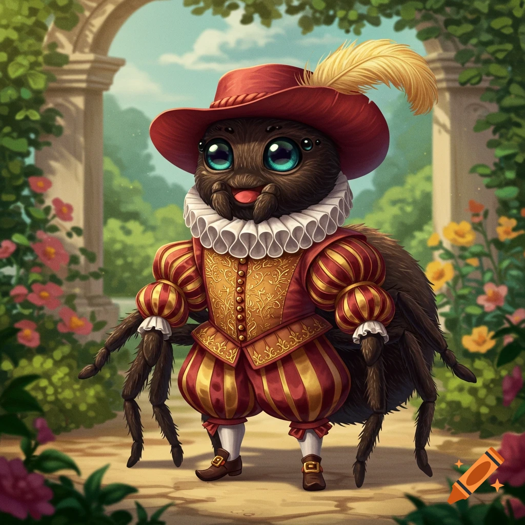 Illustration of a cute spider character in Renaissance clothing standing in a garden.
