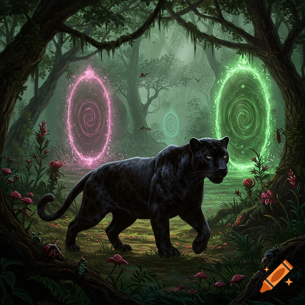 A black panther walks through a forest clearing with glowing pink and green fantasy portals, plants, and insects.