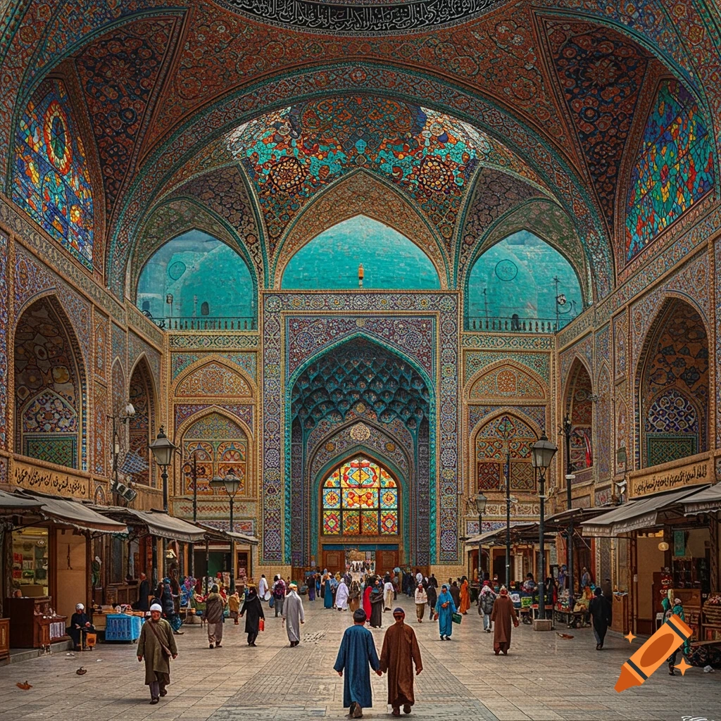 A bustling market inside a grand building with intricate tilework, arches, and domes, with many people walking around.