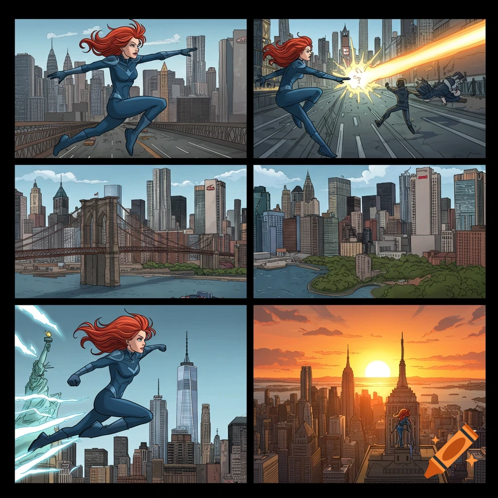 Comic art of a superhero flying over New York City landmarks like the Statue of Liberty and Empire State Building.