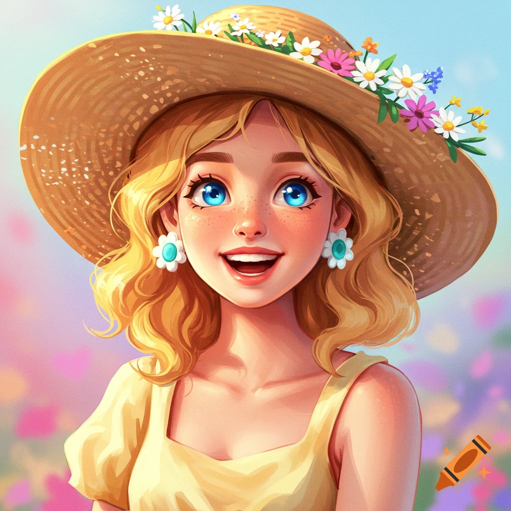 A woman with blue eyes wears a straw hat adorned with flowers.