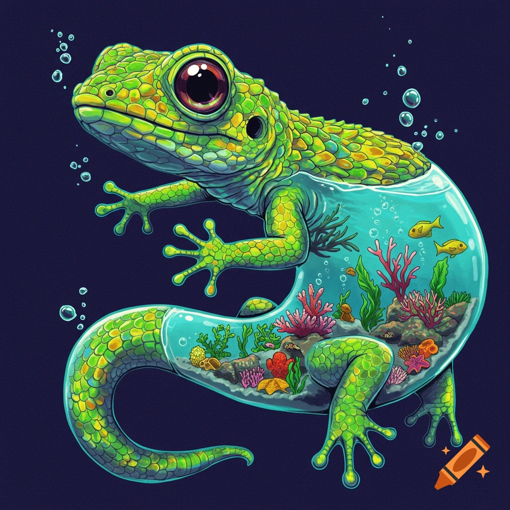 Image of a green lizard whose body is a fishtank with fish and coral.