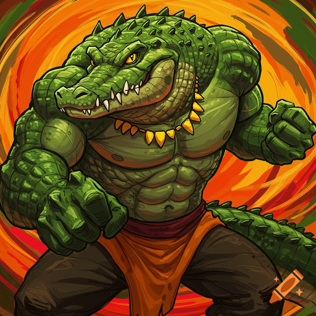 A buff green anthropomorphic alligator in an orange cloth.