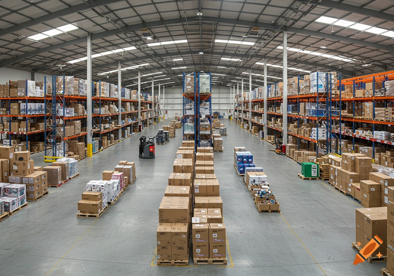 Photorealistic image of a large warehouse interior with shelves packed with boxes and pallets, and a forklift.