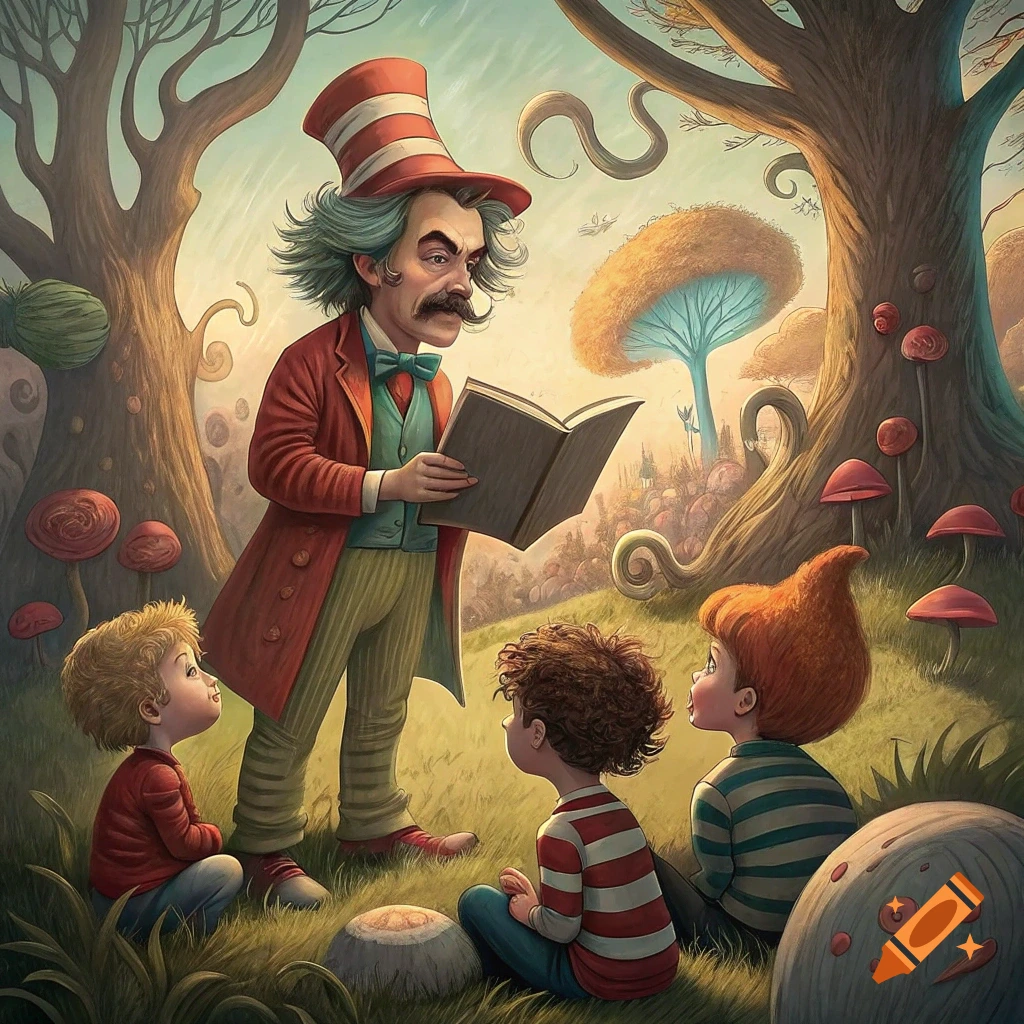A man in a tall red and white striped hat reads a book to children in a whimsical fantasy forest.