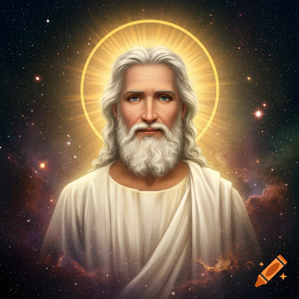 God with a white beard and robe, surrounded by a halo of light in outer space.