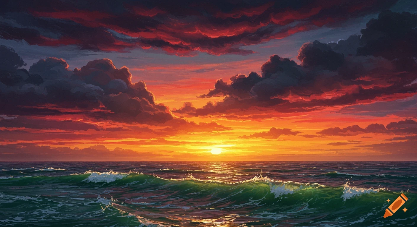 A stormy sea at sunset with dramatic clouds