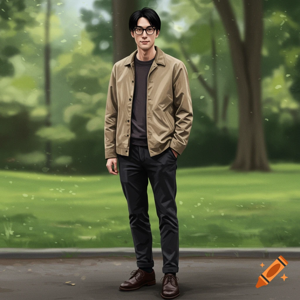 A man in a tan jacket and glasses stands in a park