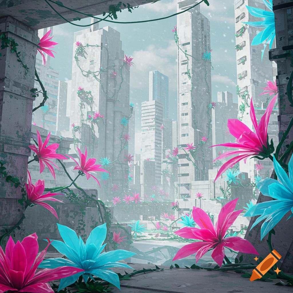 Buildings overgrown with large pink and blue flowers in a futuristic city.
