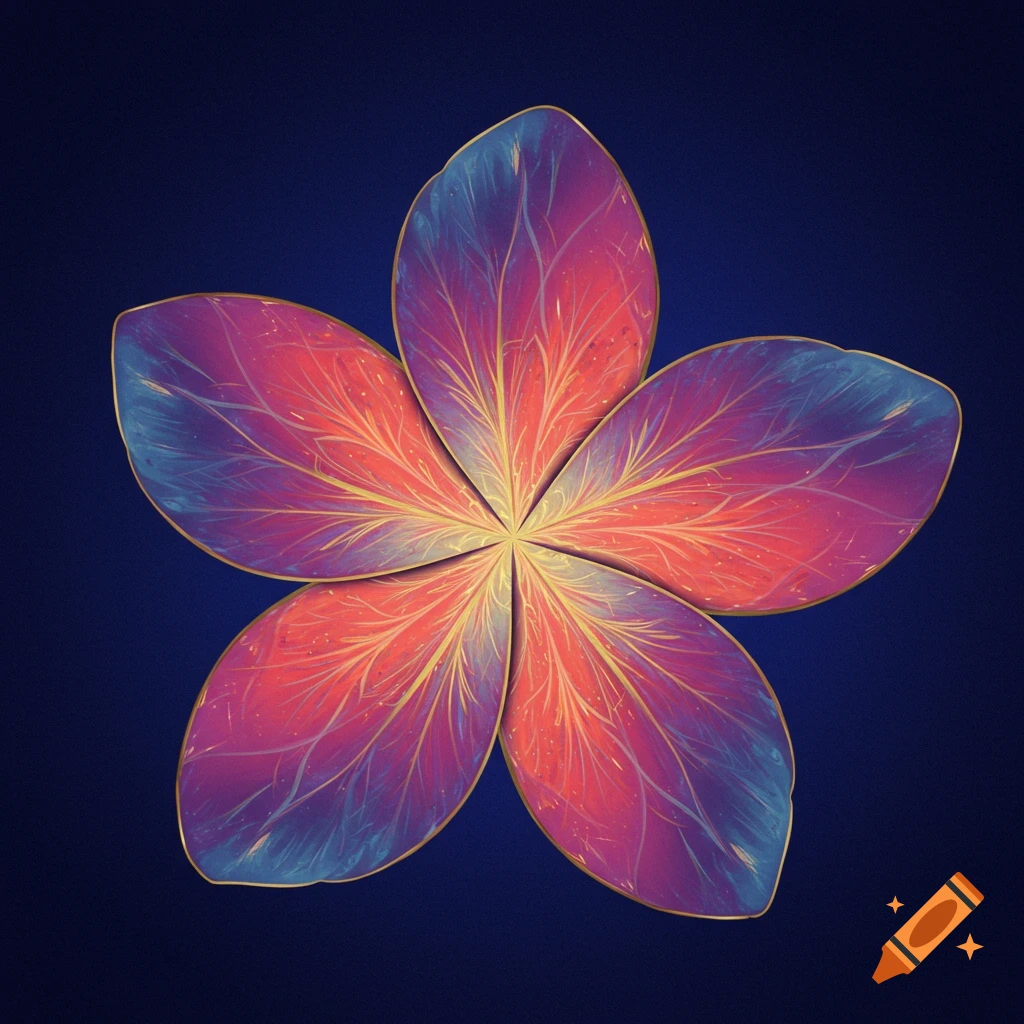 A stylized multi-colored five-petal flower with gold veins and outline, digitally painted against a dark blue background.