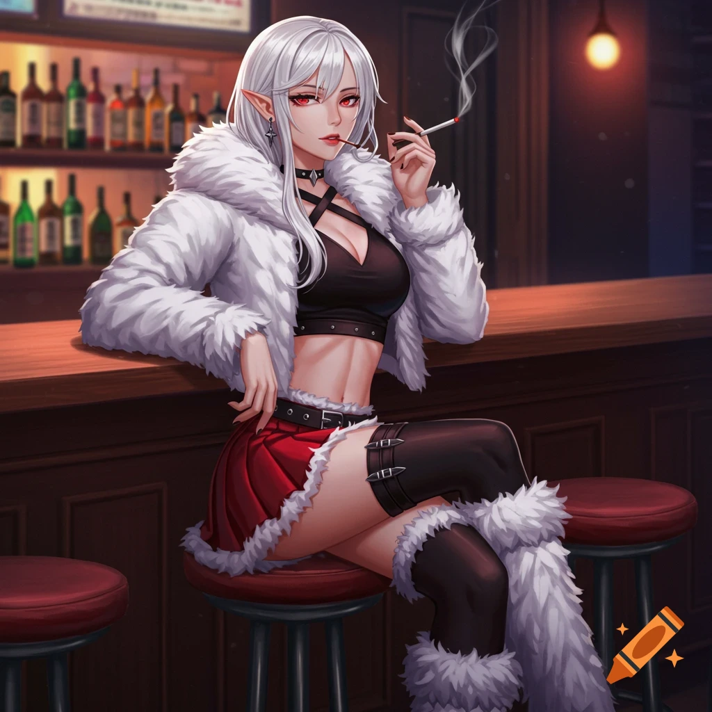 Anime woman with white hair, red eyes, and elf ears, wearing a fur coat and skirt, sits at a bar smoking.