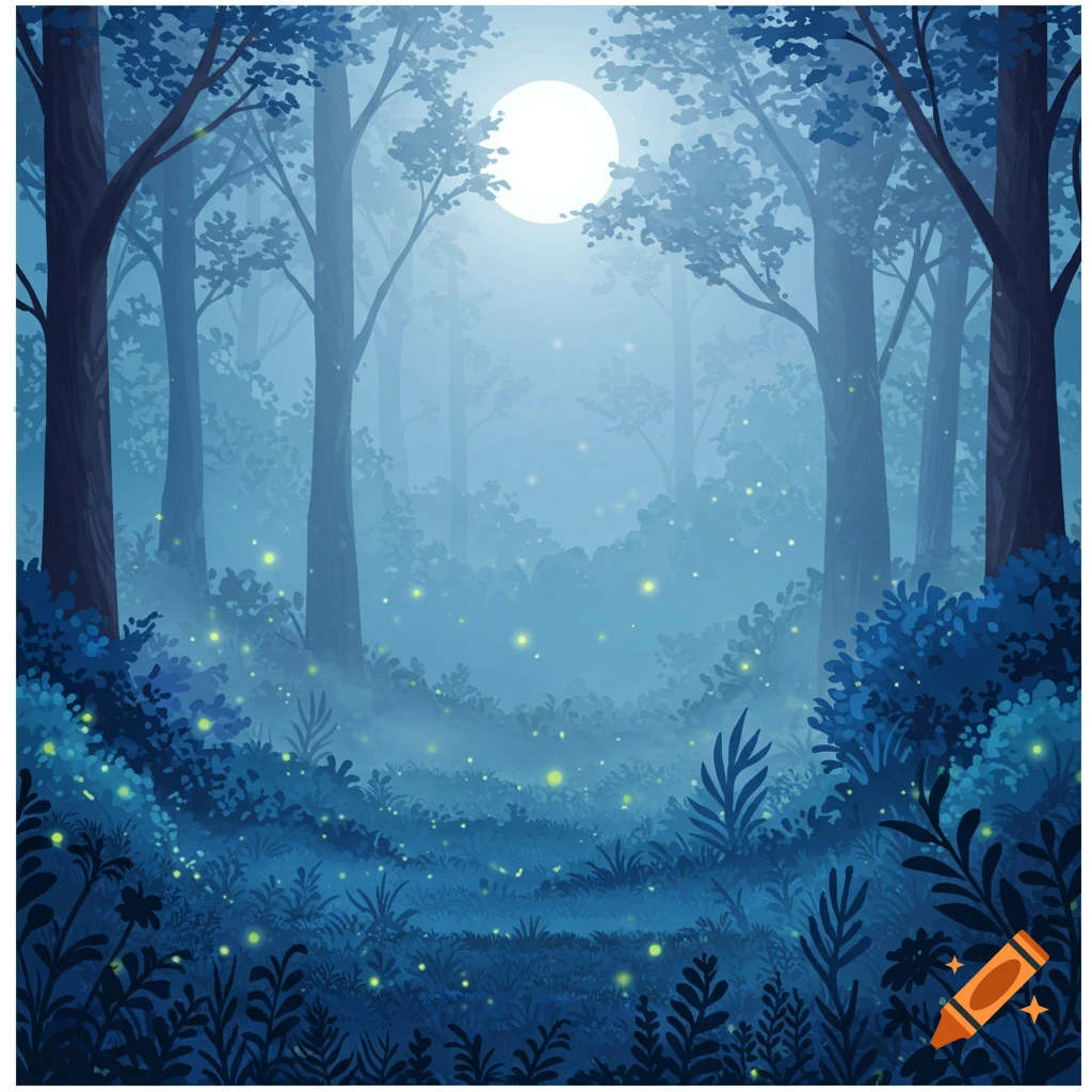 A dark, enchanted forest is lit by moonlight and fireflies.