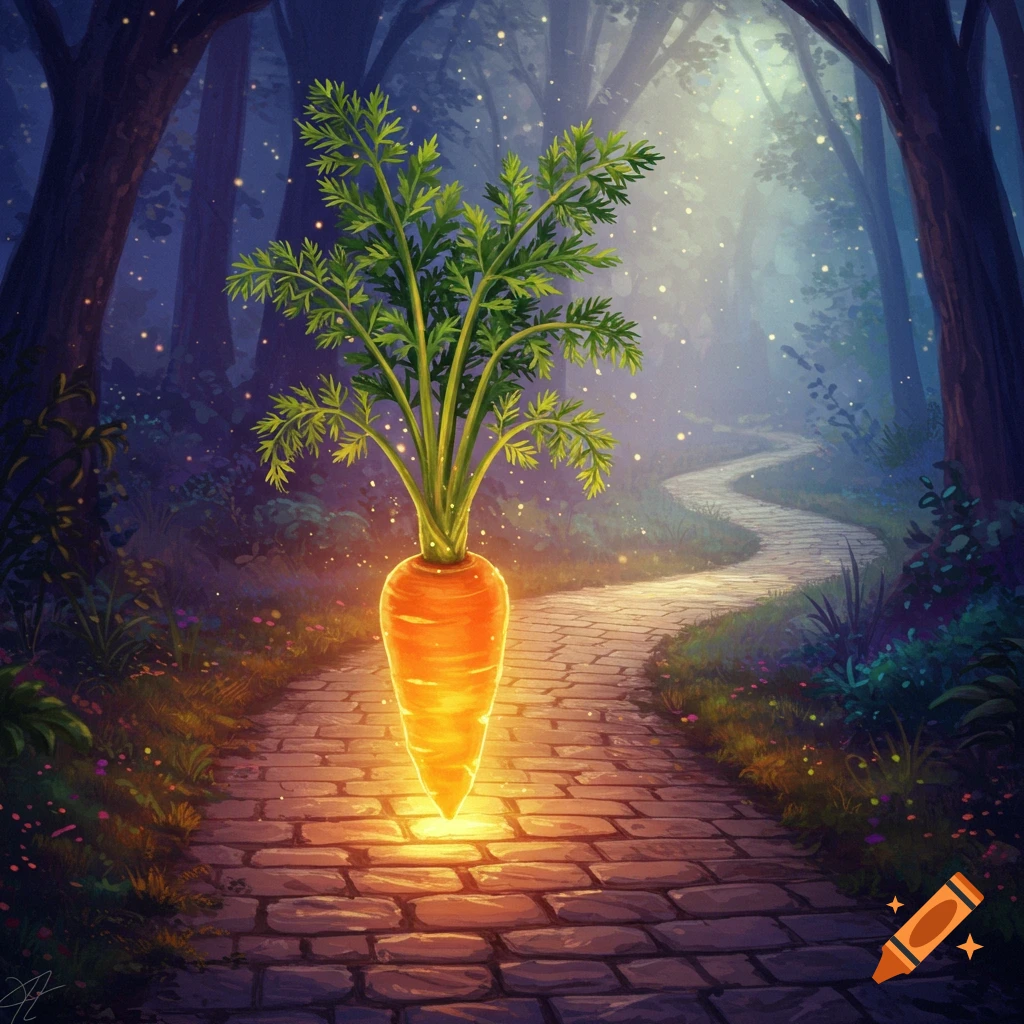 A glowing orange carrot floats above a stone path in a magical forest with light rays and glowing particles.