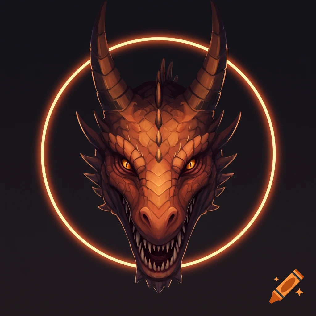 Close-up of a dragon's head with glowing orange eyes and teeth, surrounded by a glowing orange circle.