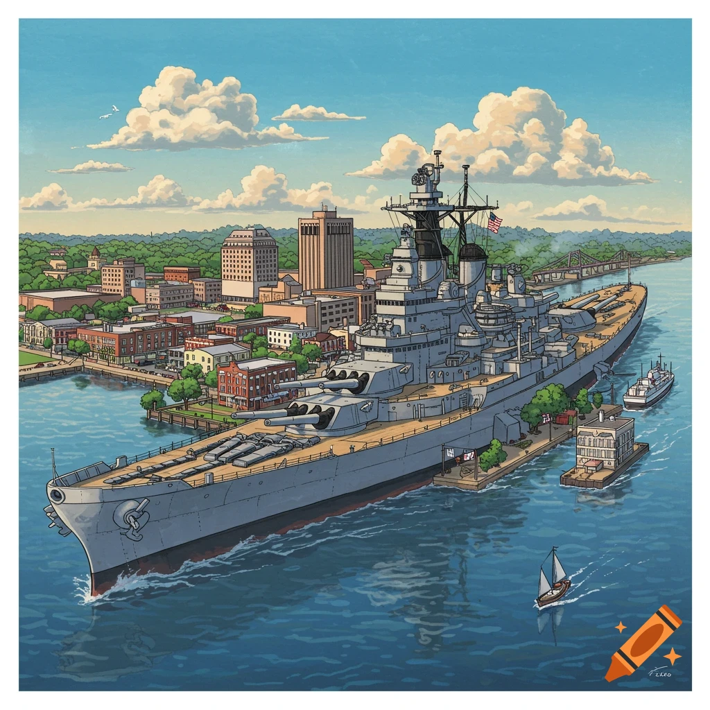 A large battleship is docked beside a riverfront town under a cloudy sky.