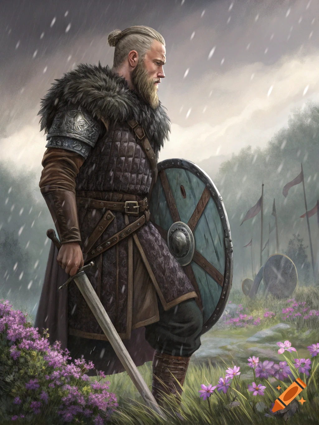 Illustration of a Viking warrior with a sword and shield standing in the rain.