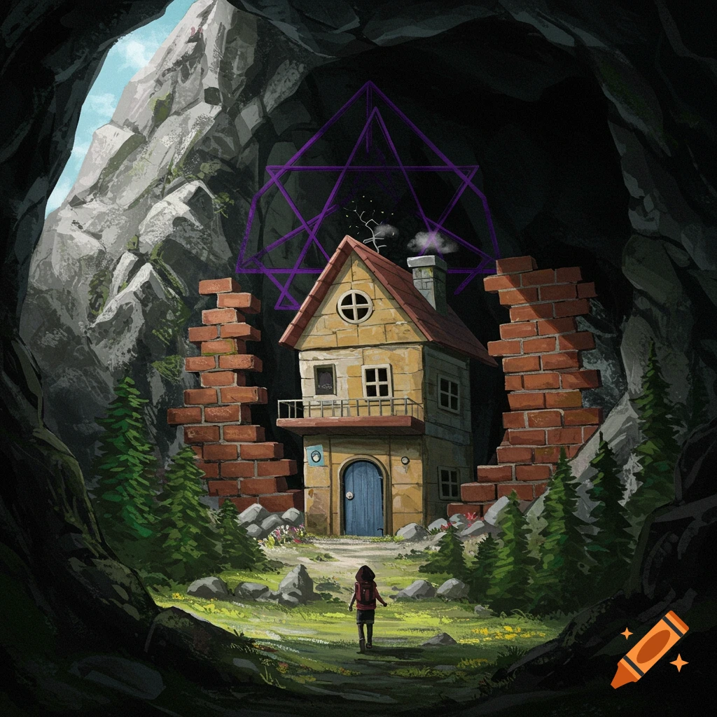 A person approaches a house and brick walls within a cave entrance, with a purple geometric symbol overhead.